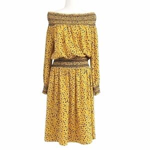 NWOT MICHAEL MICHAEL KORS YELLOW BLACK SMOCKED OFF THE SHOULDER MIDI DRESS - 4